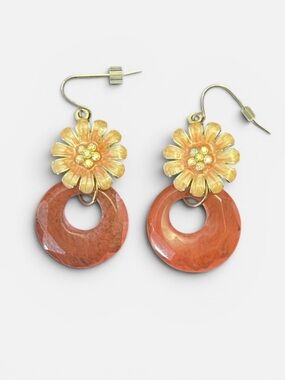 Vintage Floral Pink Gold Dangle Wire Earrings Retro Tropical